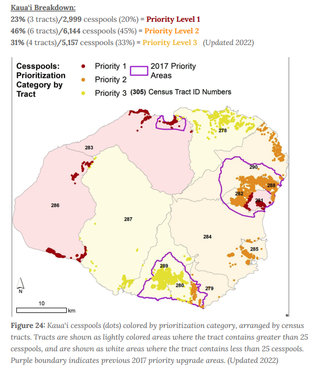 Map showing the breakdown of priorities for cesspool replacement on Kauai as of 2022.